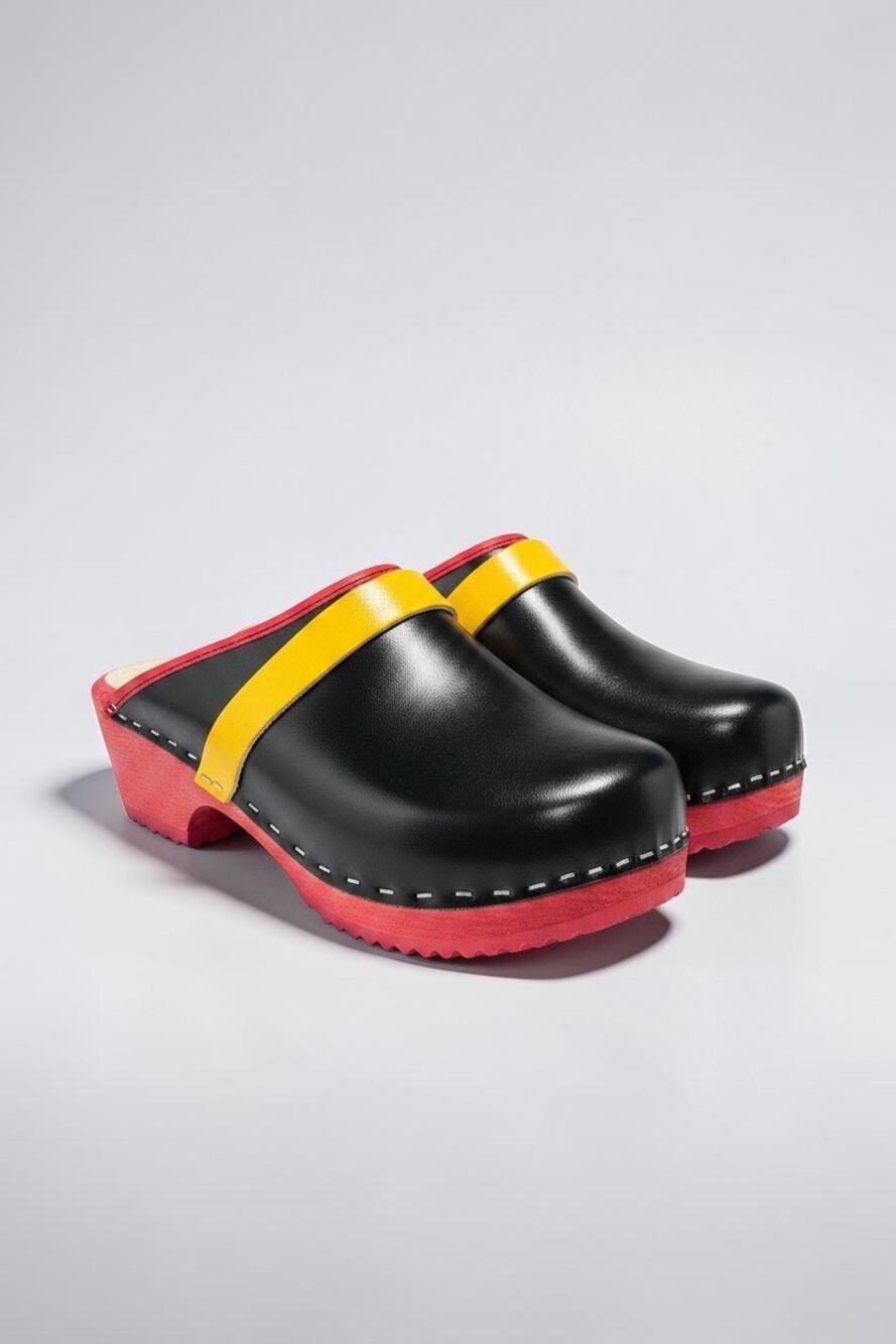 Authentic Handmade Swedish Wooden Clogs Scania Black, Yellow & Red size 39 8.5